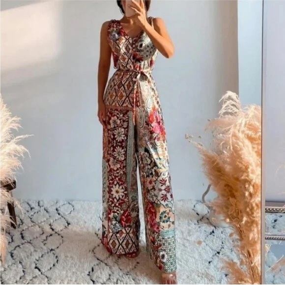 Zara Patchwork Printed Jumpsuit Multicoloured Size Medium Wide Leg Belted Satin - Picture 3 of 16